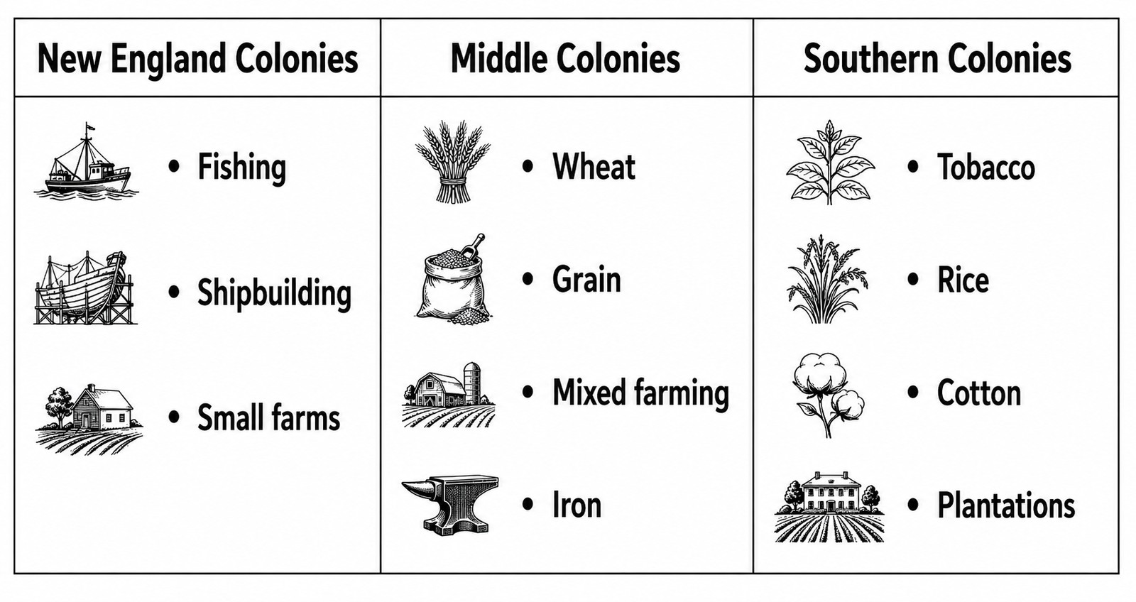 The three regions and what they produced — geography drove the economy.