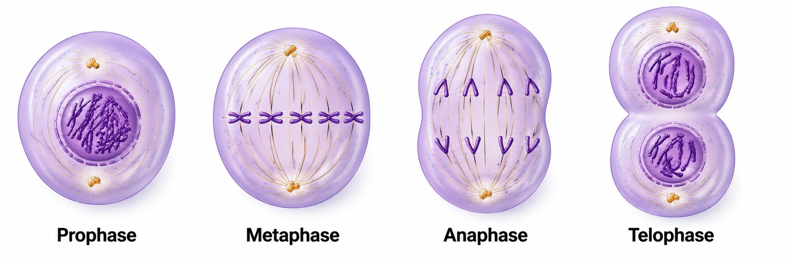 The four stages of mitosis in chronological order. Memorize the visual signature of each — that's how the exam will test you.
